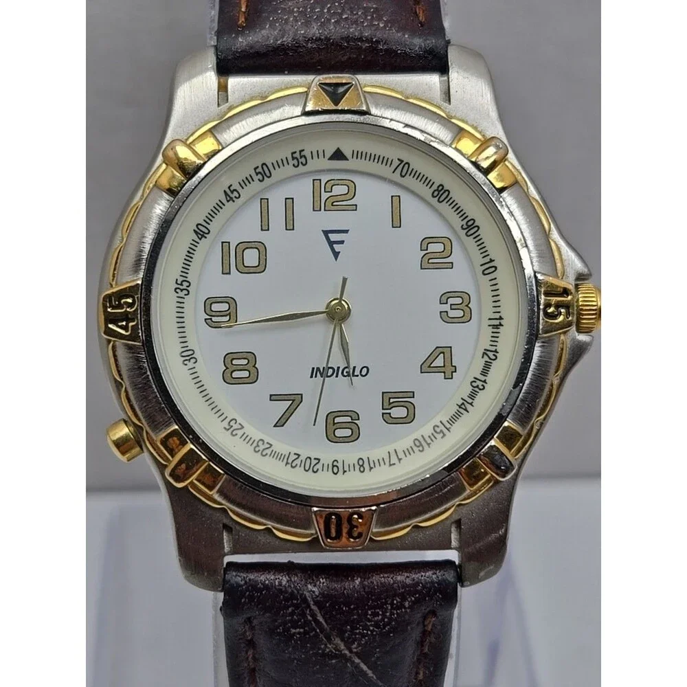 Timex Indiglo Easy Reader Mens Watch Two Tone Rotating Bezel Leather New Battery